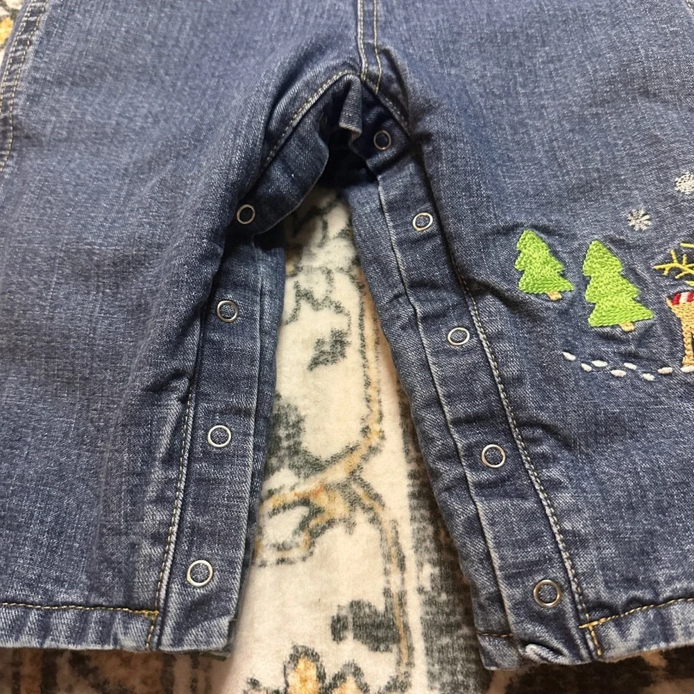 Vtg Old Navy Overalls Holiday Reindeer‎ Embroidered Lined Denim Baby 6-12 Months